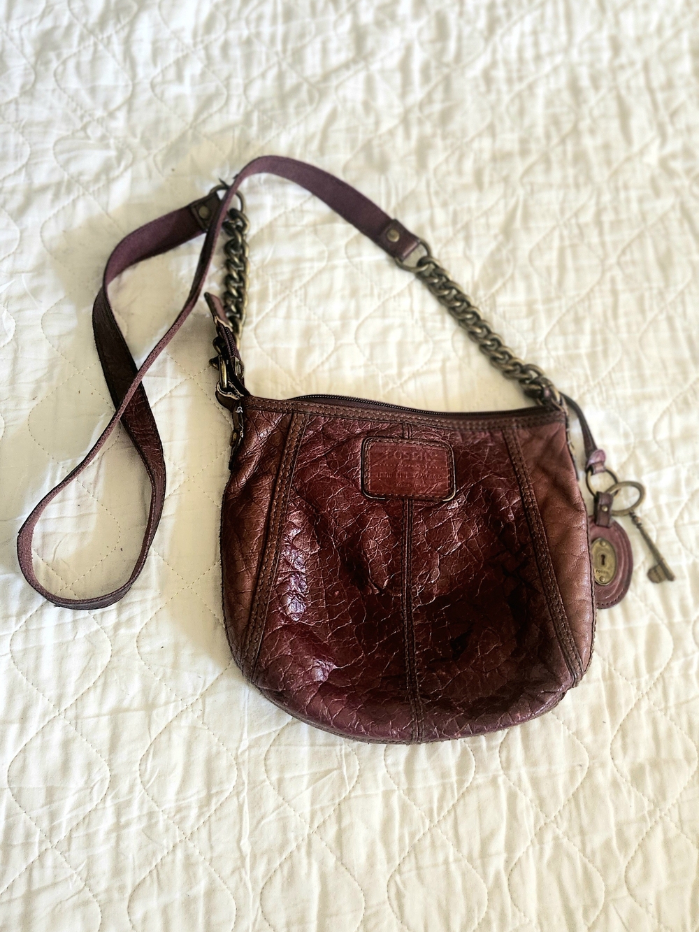 Fossil Burgundy Leather Crossbody with Leather And Chain Strap